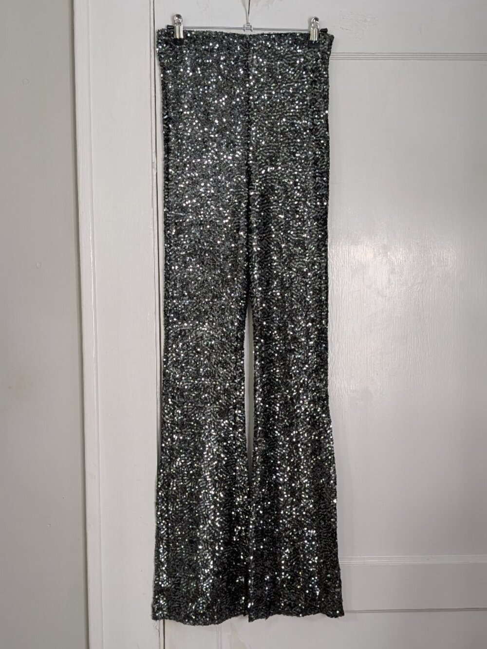Gritty Soul Women's Small Silver Sequin High Rise Flare Pants Festival Glitter